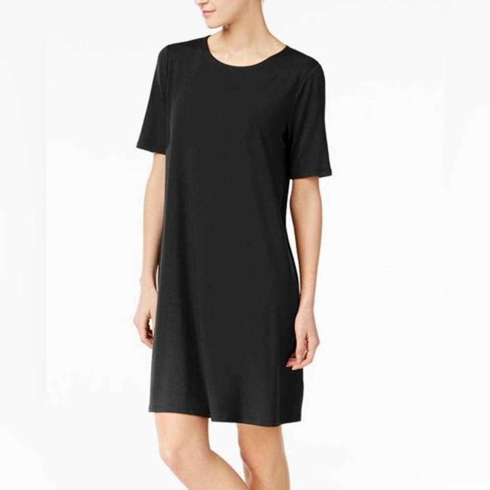 EILEEN FISHER WOMENS BLACK LIGHTWEIGHT SHORT SLEEVE T-SHIRT HI-LOW DRESS X-SMALL
